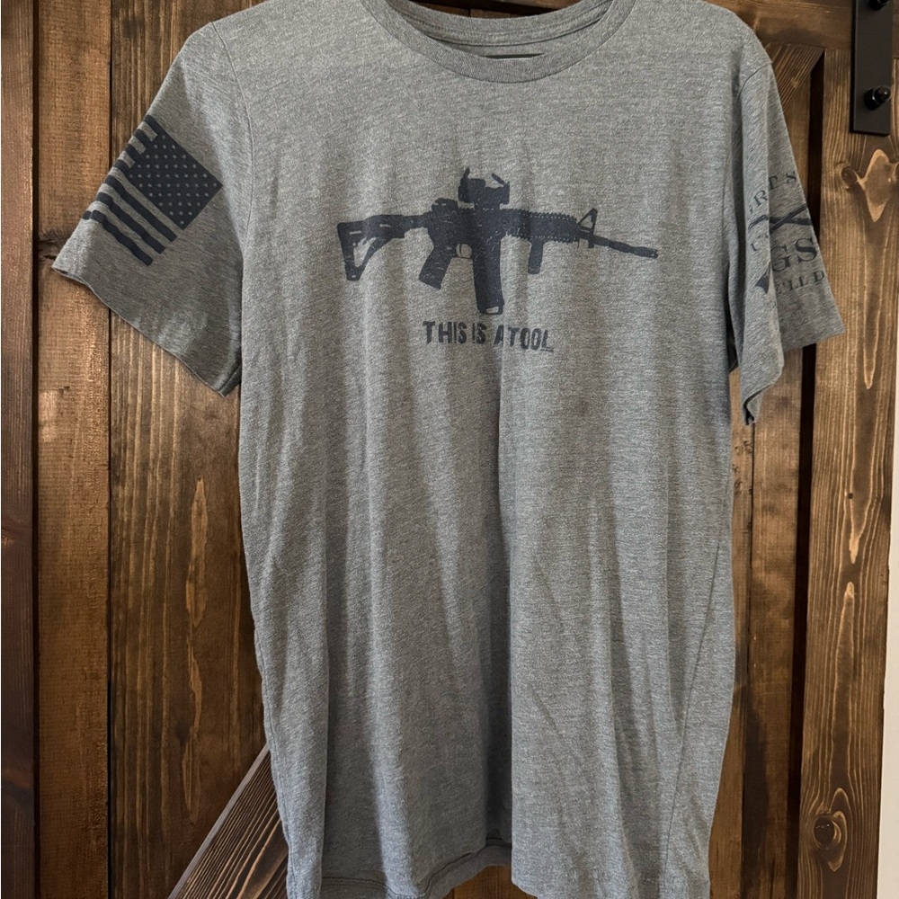 Gray Graphic T-Shirt with Rifle Design